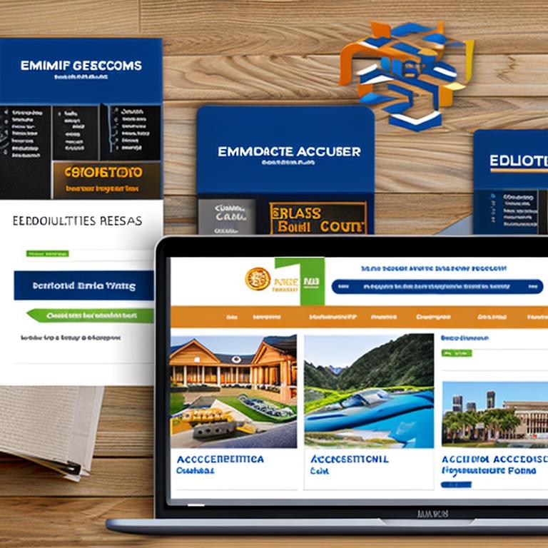 The image showcases a diverse range of online education resources, including accreditation logos, course catalogs, enrollment forms, and virtual classroom activities, symbolizing the comprehensive online education enrollment process from understanding accreditation to engaging in academic assignments.