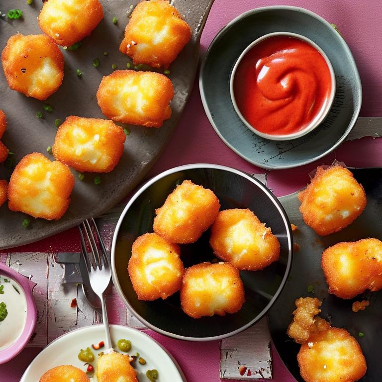 Tater tots being dipped into a creamy bowl of mayonnaise, showcasing the delightful combination of crispy tots with creamy mayo for snacking.