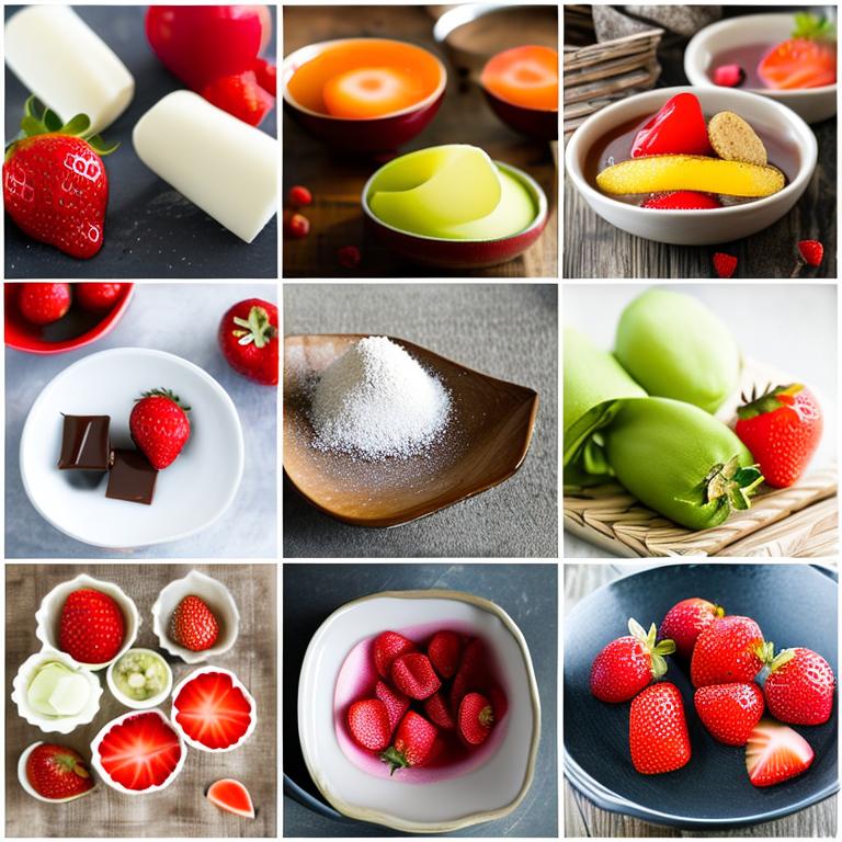 A variety of colorful and visually appealing images showcasing the process of making homemade mochi with strawberries, chocolate-covered mochi with fruit infusions, and different flavor combinations to elevate dessert experiences.
