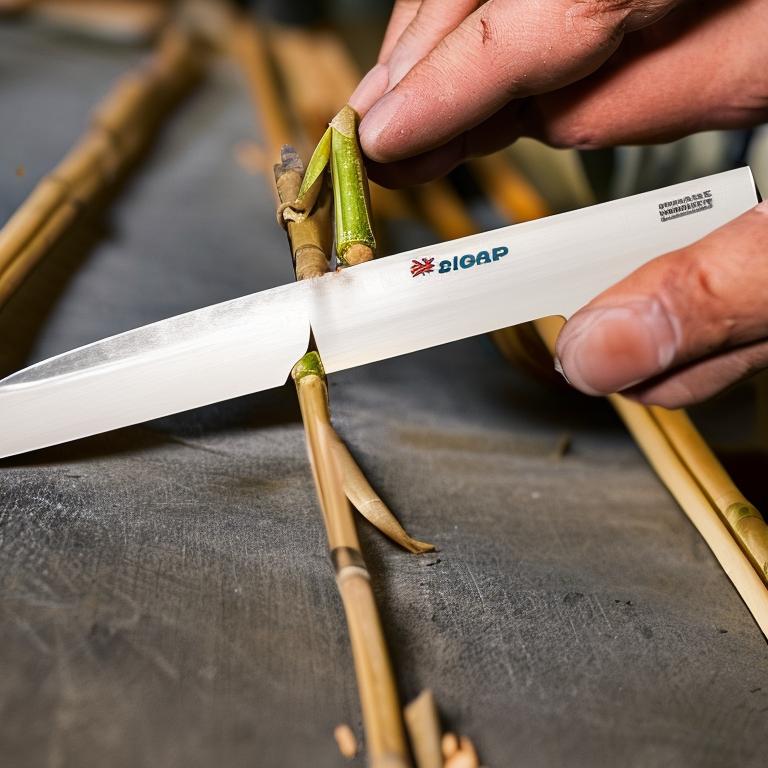 A close-up image of a person using a sharp and clean knife to make a precise 45-degree angle cut on a bamboo stem during the propagation process.